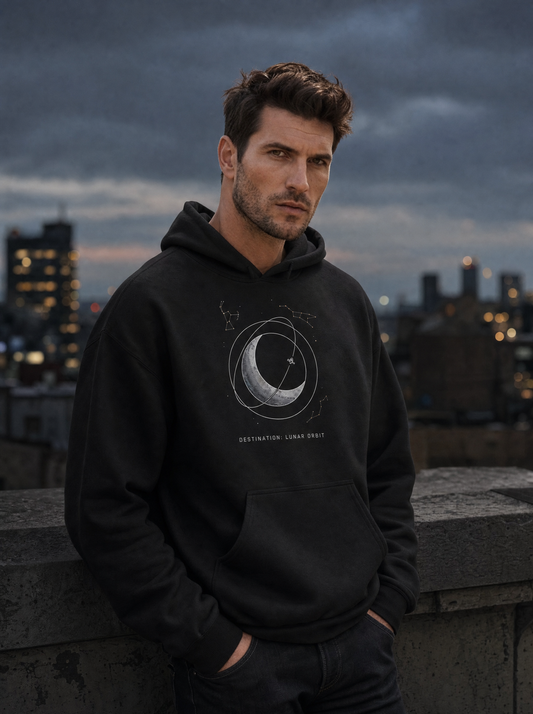 Crescent Pass Lunar Orbit hoodie in black, worn on a rooftop at dusk by Liora, Printelier's male brand character. AI-generated model image; the printed design is the actual product artwork.