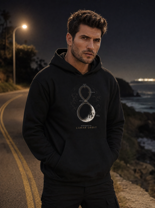 Free Return Trajectory Lunar Orbit hoodie in black, worn on a coastal road at night by Liora, Printelier's male brand character. AI-generated model image; the printed design is the actual product artwork.