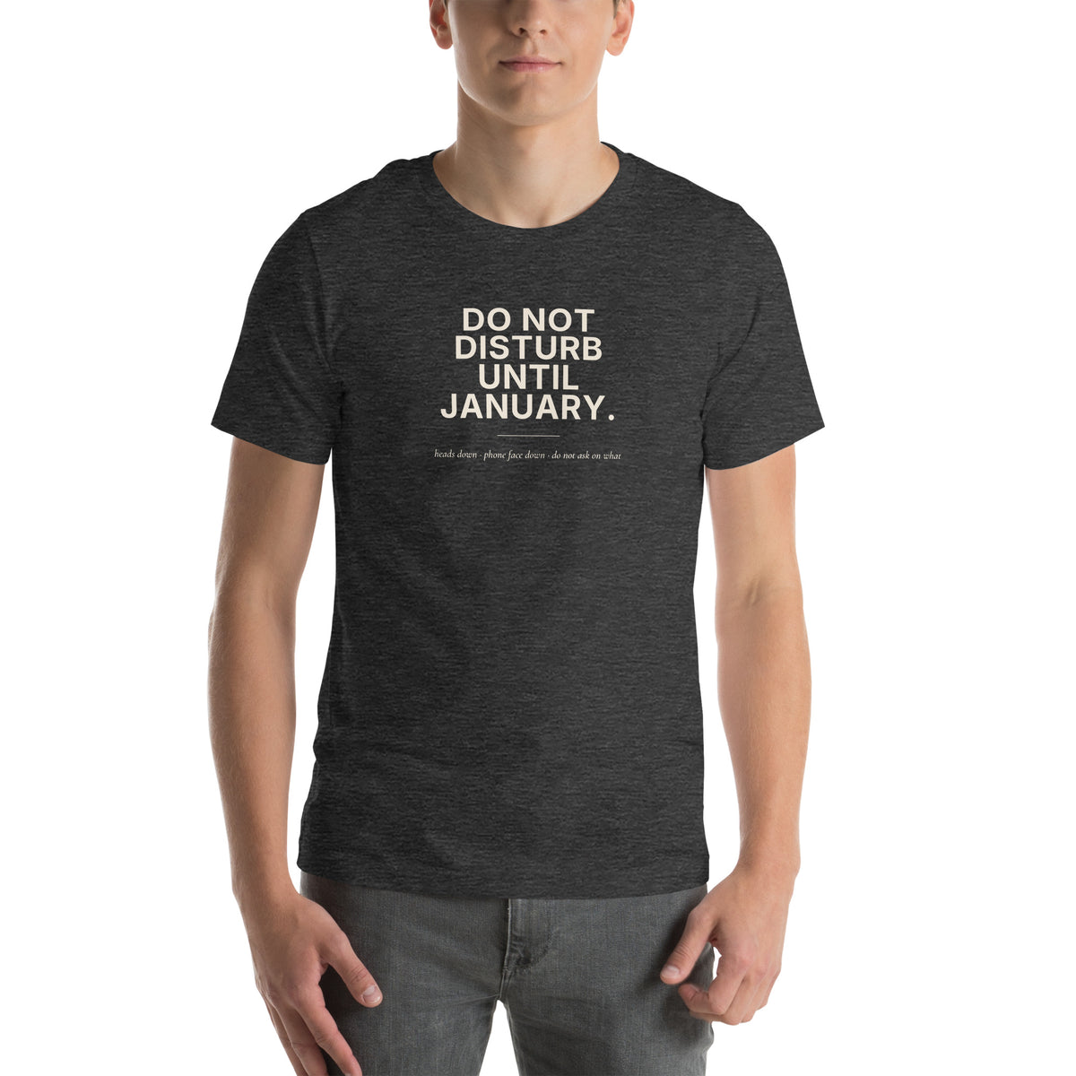 Do Not Disturb Until January unisex t-shirt in dark grey heather, front view, cream bold print
