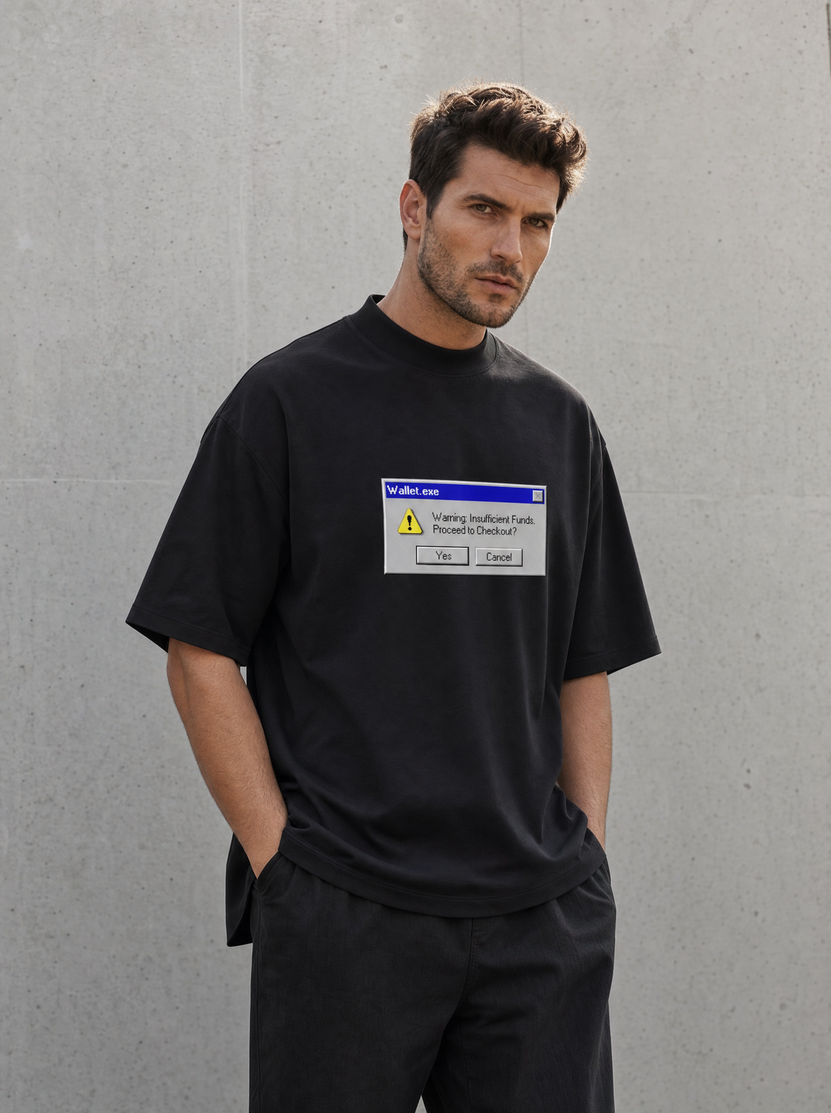 Insufficient Funds Y2K oversized tee in black with the Wallet.exe error-window print, worn outdoors by Liora, Printelier's male brand character. AI-generated model image; the printed design is the actual product artwork.
