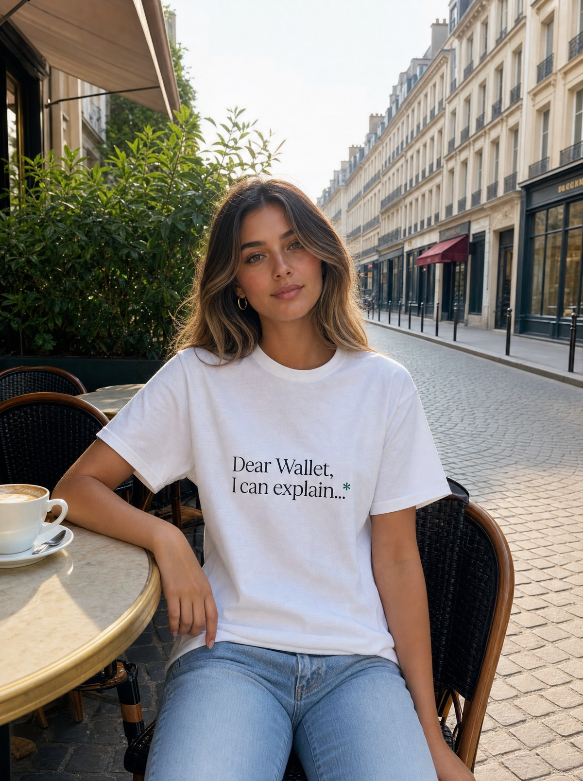 Dear Wallet, I Can Explain minimalist serif tee in white, worn on a café terrace by Seloura, Printelier's female brand character. AI-generated model image; the printed design is the actual product artwork.