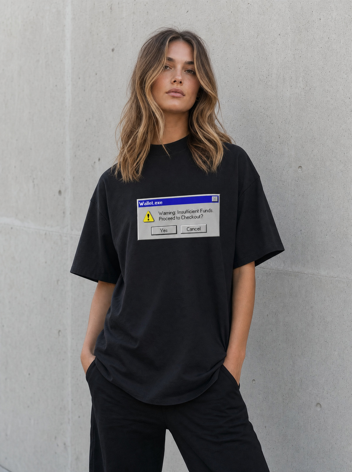 Insufficient Funds Y2K oversized tee in black with the Wallet.exe error-window print, worn outdoors by Seloura, Printelier's female brand character. AI-generated model image; the printed design is the actual product artwork.