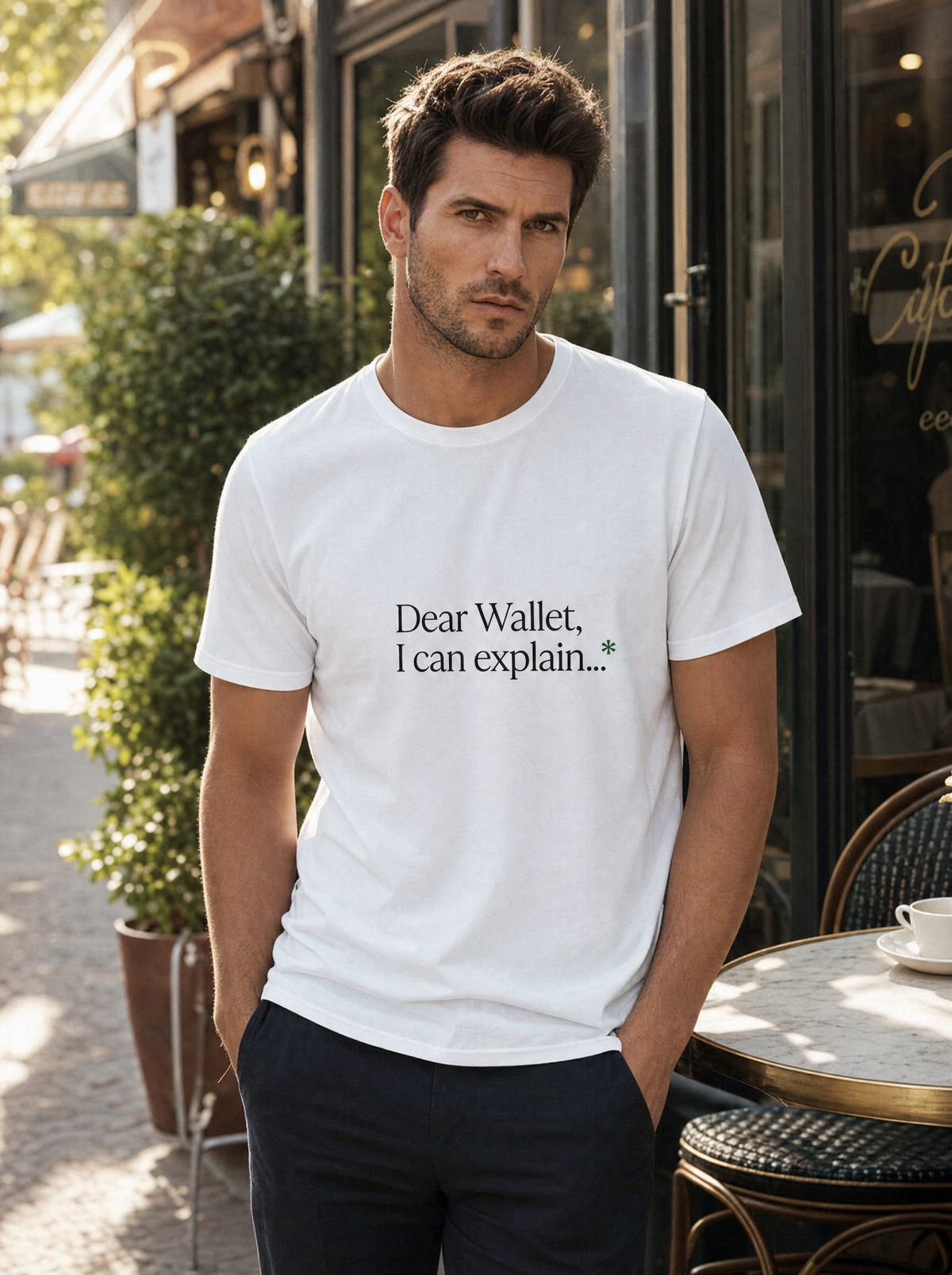 Dear Wallet, I Can Explain minimalist serif tee in white, worn on a café terrace by Liora, Printelier's male brand character. AI-generated model image; the printed design is the actual product artwork.