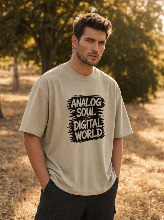 Analog Soul Digital World oversized faded tee in khaki, worn in a park at golden hour by Liora, Printelier's male brand character. AI-generated model image; the printed design is the actual product artwork.