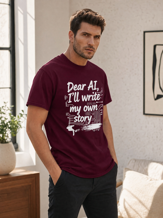 Dear AI, I'll Write My Own Story tee in maroon, worn indoors by Liora, Printelier's male brand character. AI-generated model image; the printed design is the actual product artwork.