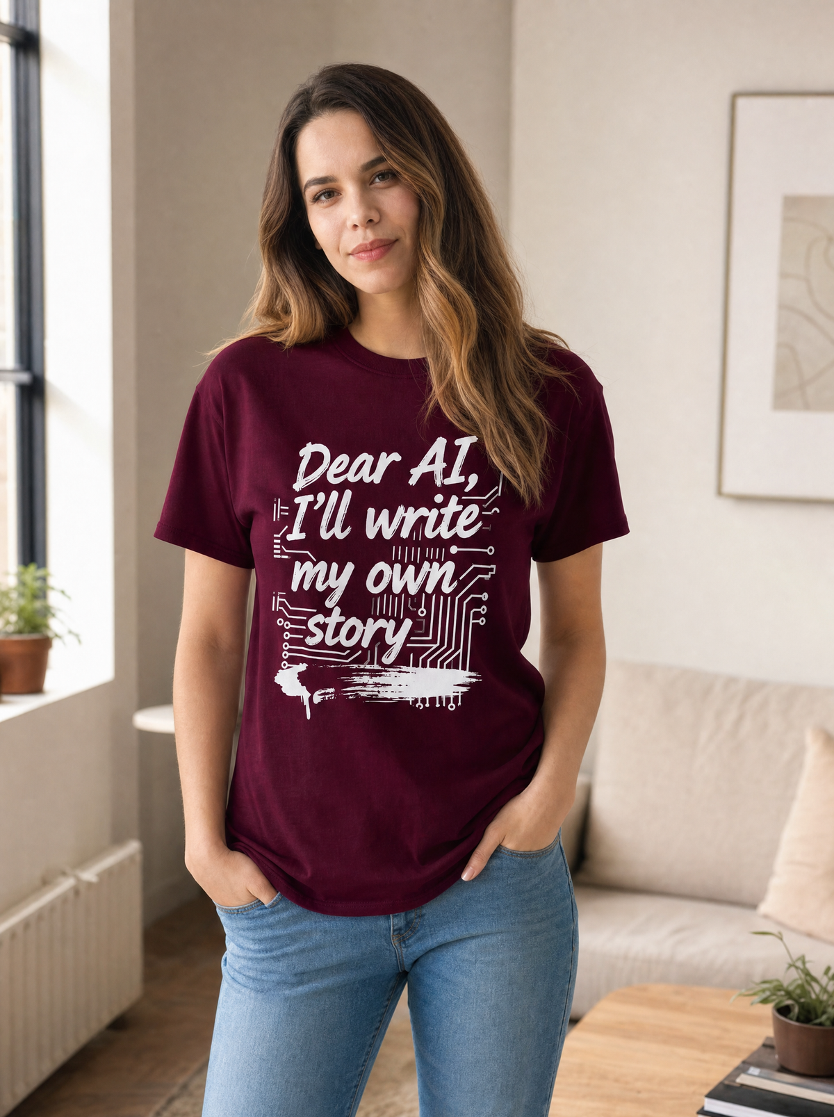 Dear AI, I'll Write My Own Story tee in maroon, worn indoors by Seloura, Printelier's female brand character. AI-generated model image; the printed design is the actual product artwork.