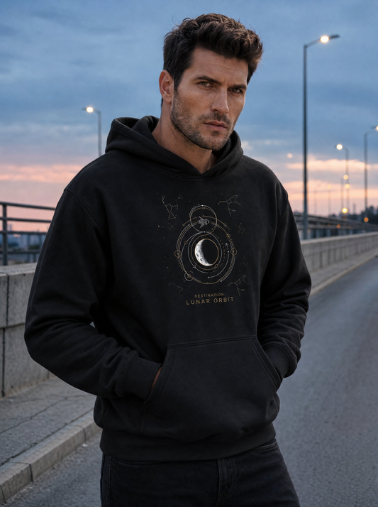 Orbital Insertion Lunar Orbit hoodie in black, worn on an overpass at blue hour by Liora, Printelier's male brand character. AI-generated model image; the printed design is the actual product artwork.