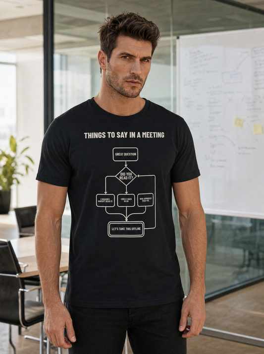 Things to Say in a Meeting flowchart tee in black, worn in a glass office meeting room. Model: Liora (AI brand character).