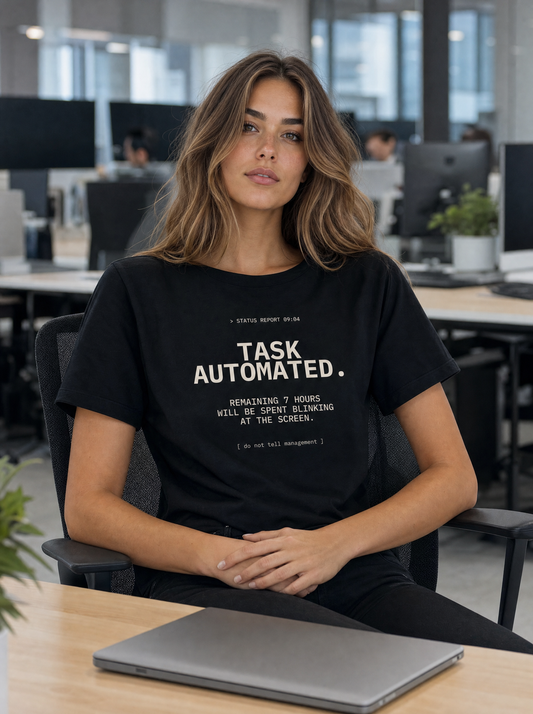 Task Automated status report tee in black, worn by a woman. Model: Seloura (AI brand character). AI-generated model image; the printed design is the actual product artwork.