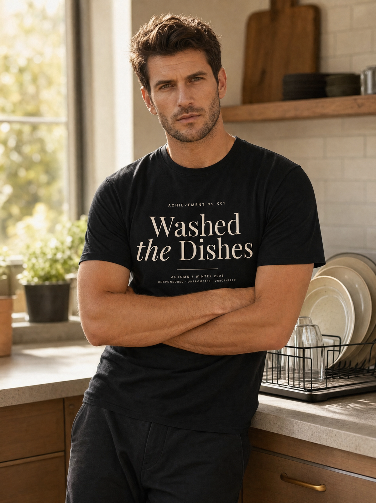 Washed the Dishes Achievement No. 001 tee in black, worn by a man. Model: Liora (AI brand character). AI-generated model image; the printed design is the actual product artwork.