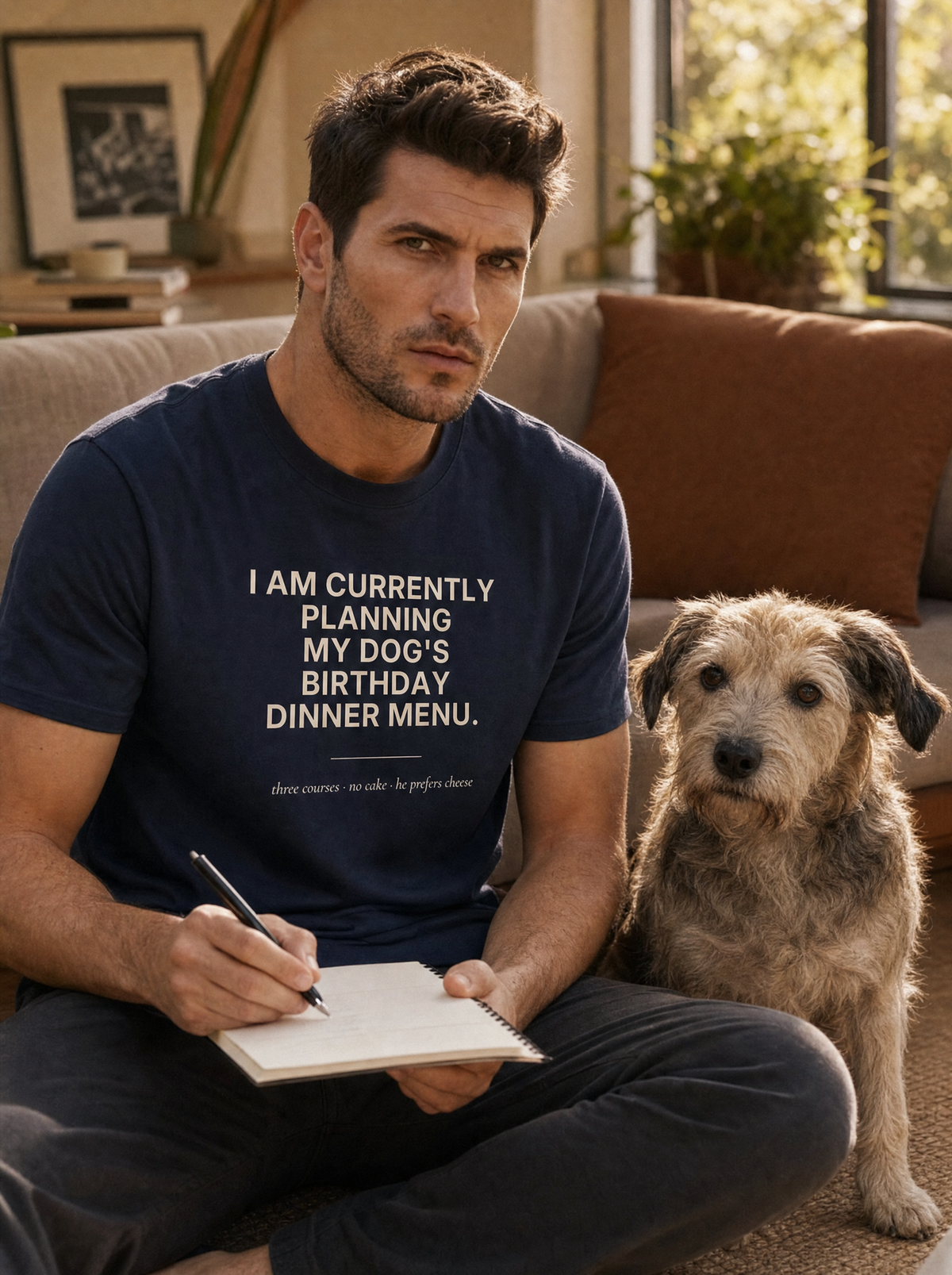 My Dog's Birthday Dinner Menu tee in black, worn by a man. Model: Liora (AI brand character). AI-generated model image; the printed design is the actual product artwork.