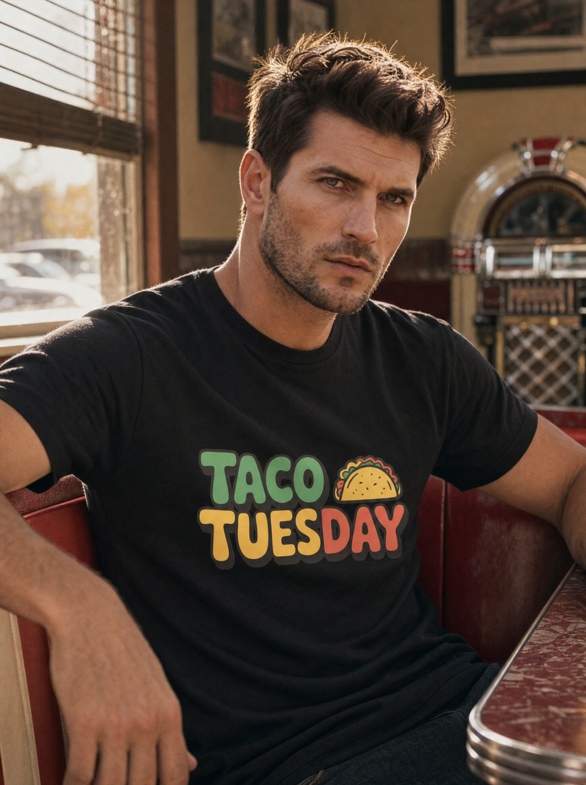Taco Tuesday Diner Tee in black, retro 'TACO TUESDAY' lettering with a taco, worn in a diner booth. Model: Liora (AI brand character). AI-generated model image; the printed design is the actual product artwork.