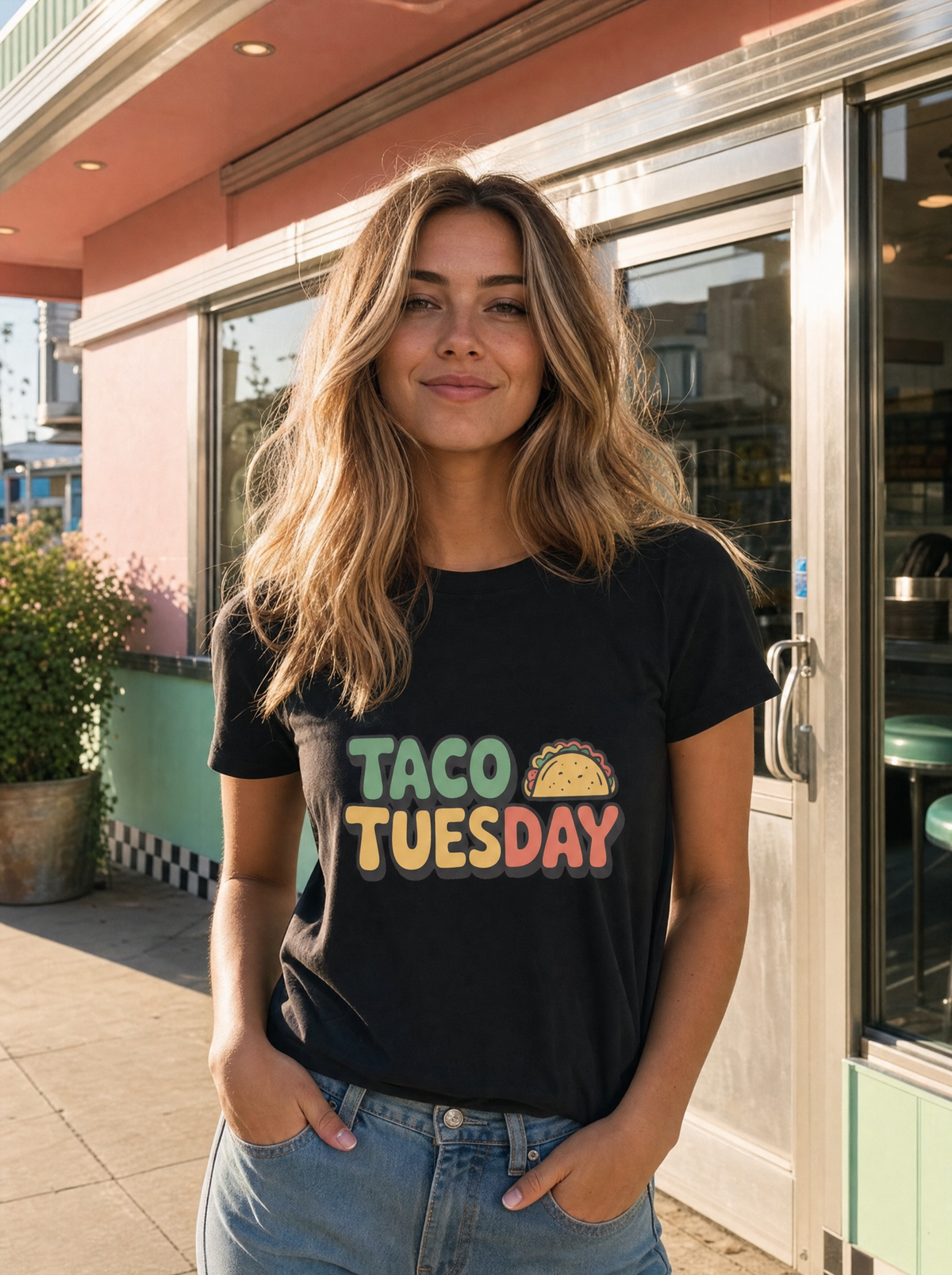 Taco Tuesday Diner Tee in black, retro 'TACO TUESDAY' lettering with a taco, worn outside a pastel diner. Model: Seloura (AI brand character). AI-generated model image; the printed design is the actual product artwork.
