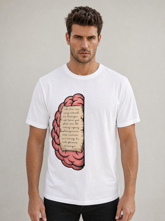 Liora wearing The Dual Brain Tee in white, front view: pink half-brain print with a parchment note, placed left of the center line. Model: Liora (AI brand character). AI-generated model image; the printed design is the actual product artwork.