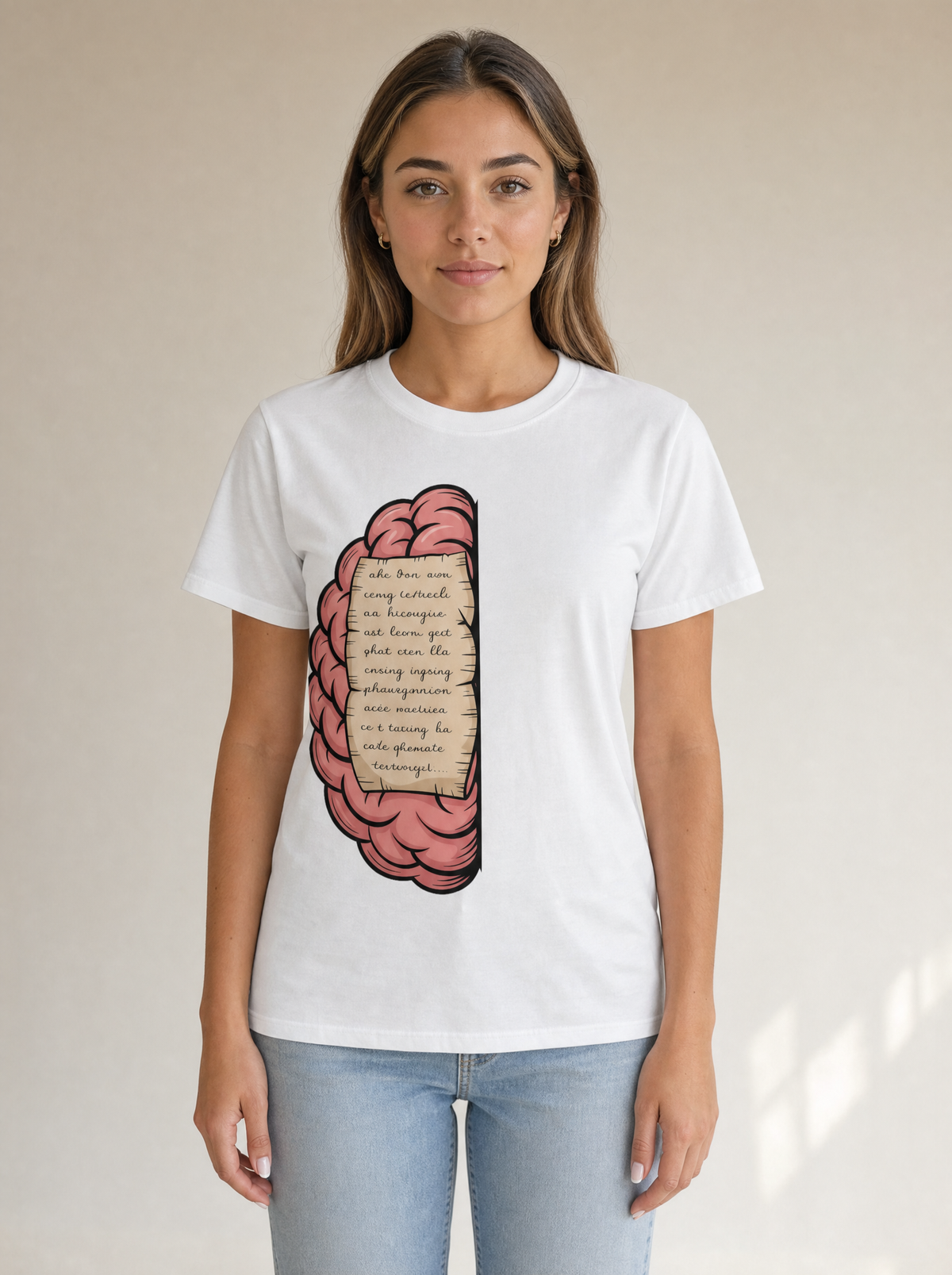 Seloura wearing The Dual Brain Tee in white, front view: pink half-brain print with a parchment note, placed left of the center line. Model: Seloura (AI brand character). AI-generated model image; the printed design is the actual product artwork.