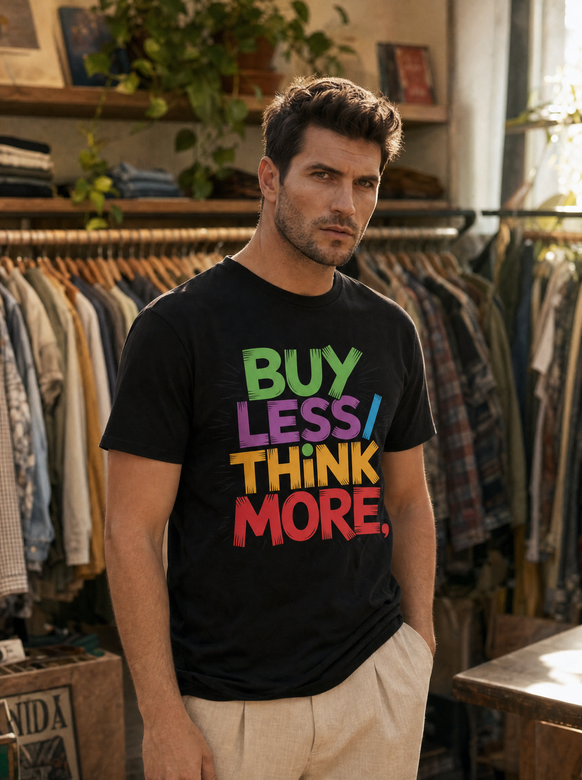 Liora in a second-hand clothing shop wearing the black Buy Less / Think More tee with multicolor brush lettering. Model: Liora (AI brand character). AI-generated model image; the printed design is the actual product artwork.