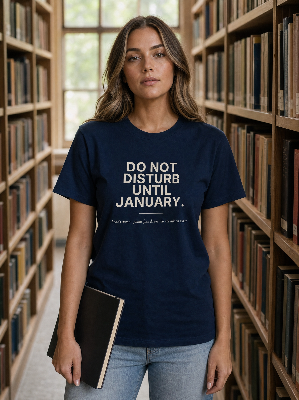 Seloura in a library aisle holding a notebook, wearing the navy Do Not Disturb Until January tee with cream print. Model: Seloura (AI brand character). AI-generated model image; the printed design is the actual product artwork.