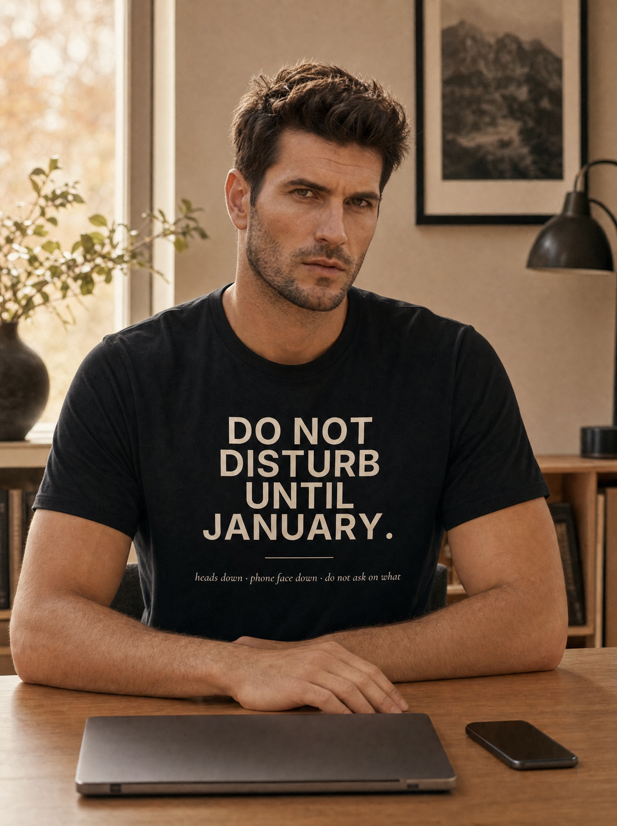 Liora at a desk with a closed laptop and phone face down, wearing the black Do Not Disturb Until January tee with cream print. Model: Liora (AI brand character). AI-generated model image; the printed design is the actual product artwork.
