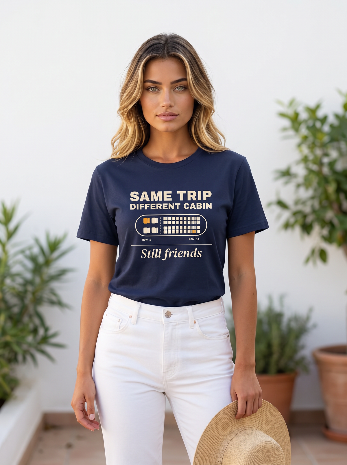 Seloura wearing the unisex t-shirt in navy with a seat map with one amber seat in row 1 and one in row 34 and cream type reading same trip, different cabin, still friends. Model: Seloura (AI brand character). AI-generated model image; the printed design is the actual product artwork.