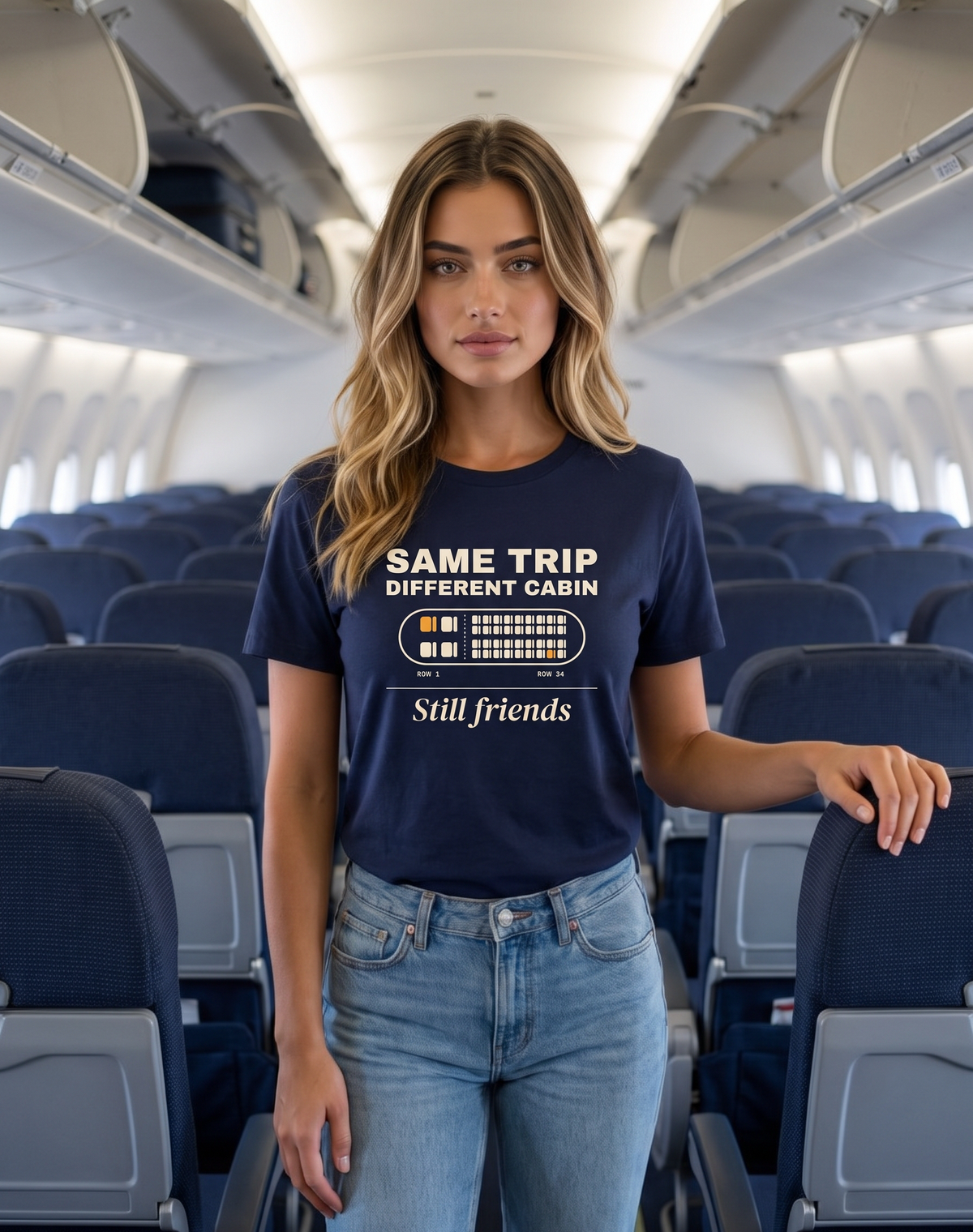 Seloura standing in the aisle of an economy aircraft cabin, wearing the unisex t-shirt in navy with a seat map with one amber seat in row 1 and one in row 34 and cream type reading same trip, different cabin, still friends. Model: Seloura (AI brand character). AI-generated model image; the printed design is the actual product artwork.