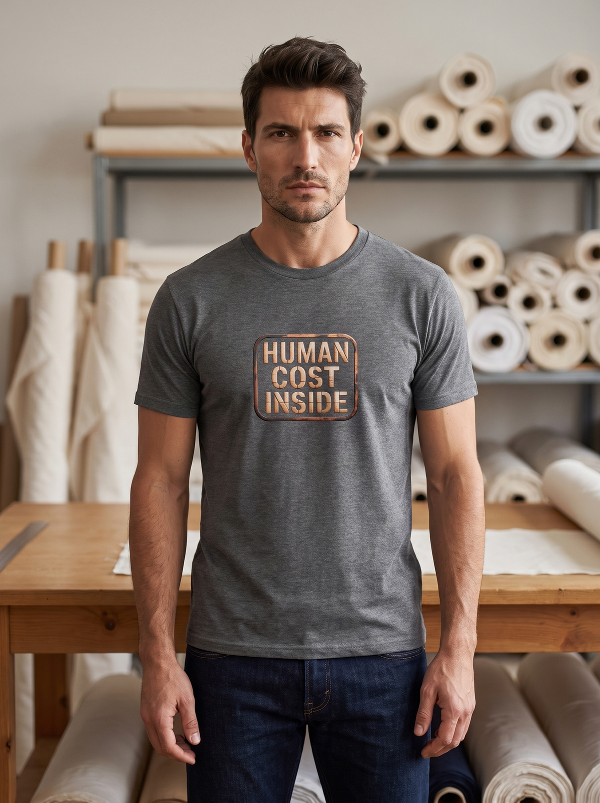 Liora standing in a tailoring workshop in front of rolls of plain fabric, wearing the unisex t-shirt in graphite heather with a small rusty warning-label print reading human cost inside. Model: Liora (AI brand character). AI-generated model image; the printed design is the actual product artwork.