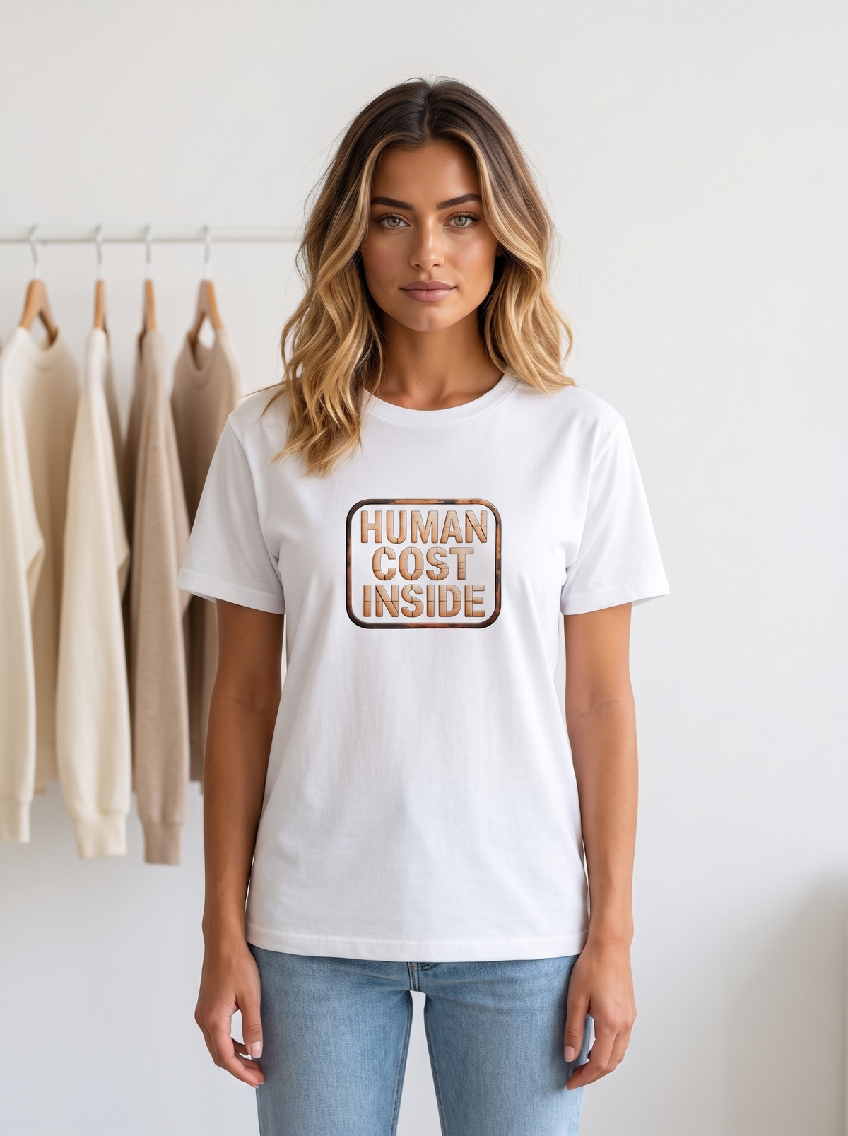 Seloura standing beside a clothing rail of plain garments, wearing the unisex t-shirt in white with a small rusty warning-label print reading human cost inside. Model: Seloura (AI brand character). AI-generated model image; the printed design is the actual product artwork.