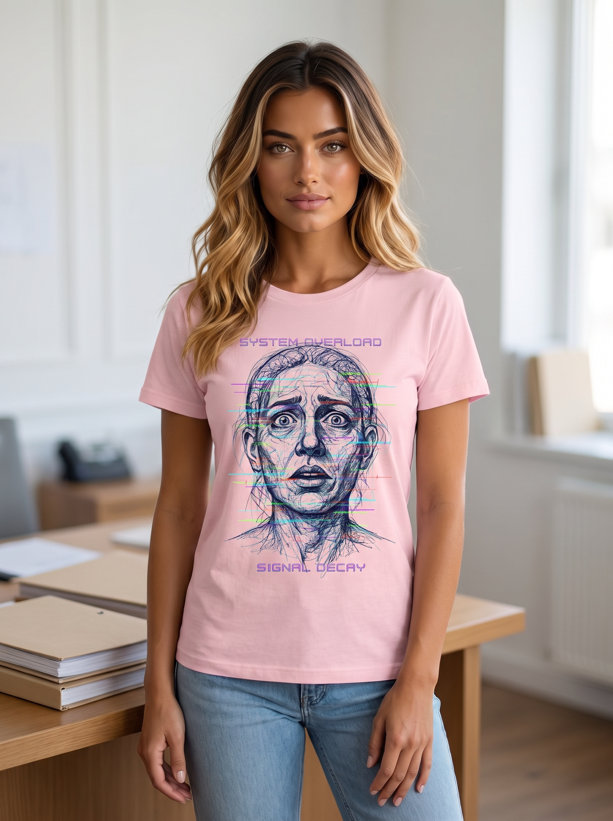 Seloura standing beside a desk stacked with paper folders, wearing the unisex t-shirt in light pink with a glitch-art drawing of a wide-eyed face and the words system overload, signal decay. Model: Seloura (AI brand character). AI-generated model image; the printed design is the actual product artwork.