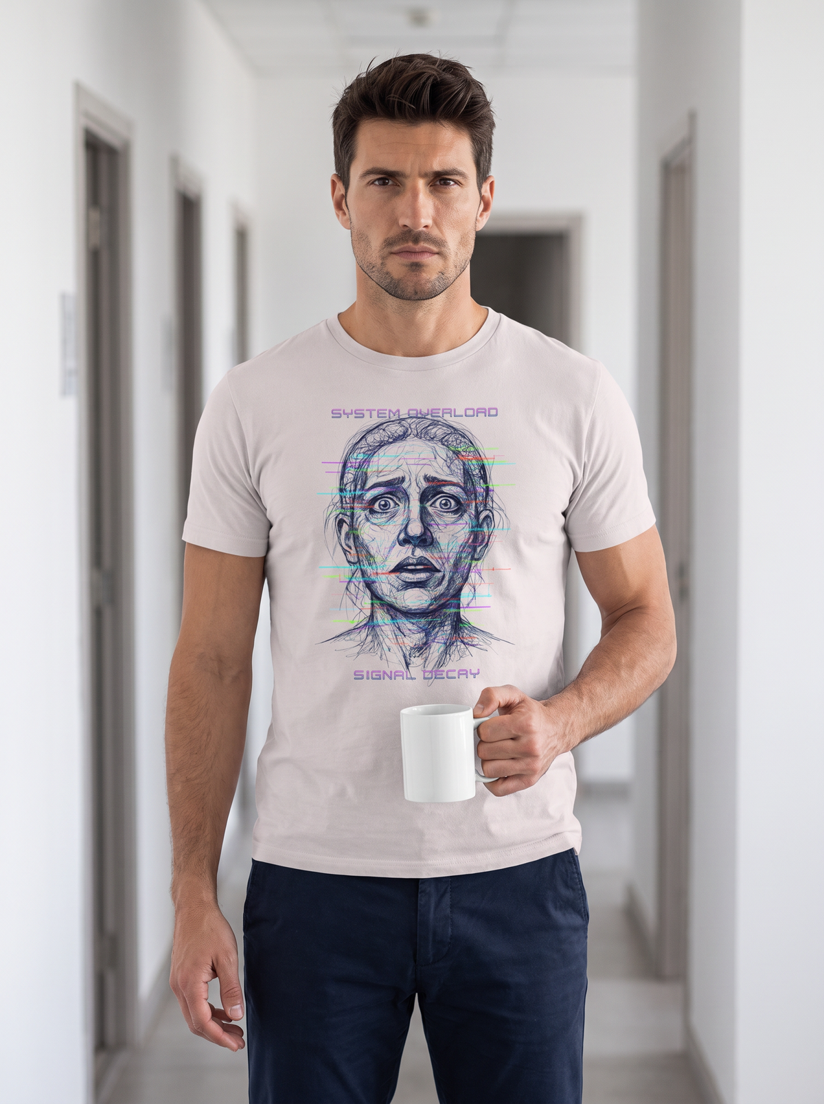 Liora standing in a quiet office corridor holding a plain mug, wearing the unisex t-shirt in ice grey with a glitch-art drawing of a wide-eyed face and the words system overload, signal decay. Model: Liora (AI brand character). AI-generated model image; the printed design is the actual product artwork.