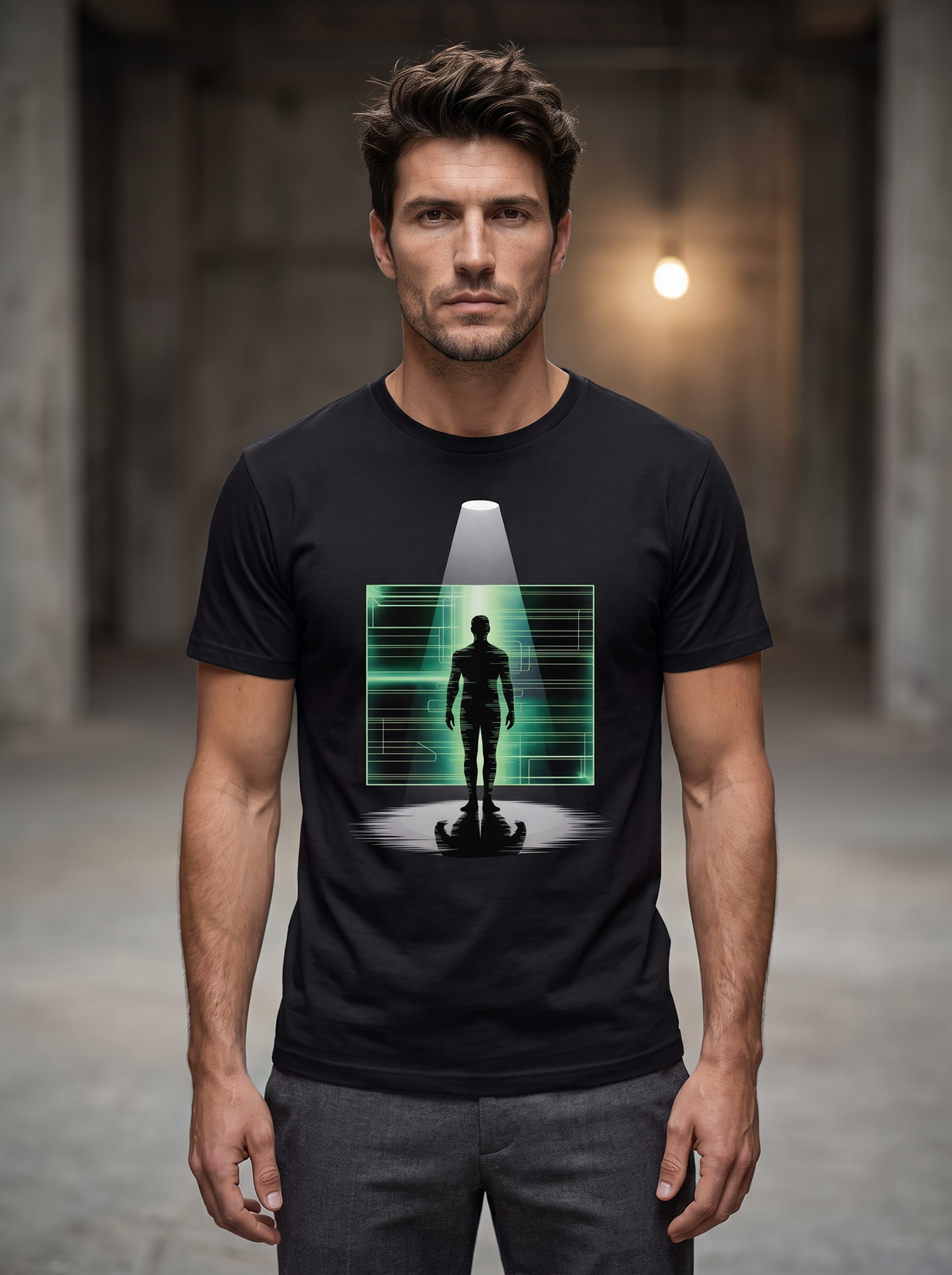 Liora standing in a dim concrete hall with one bare light behind him, wearing the unisex t-shirt in black with a figure standing under a spotlight in front of a glowing green circuit grid. Model: Liora (AI brand character). AI-generated model image; the printed design is the actual product artwork.