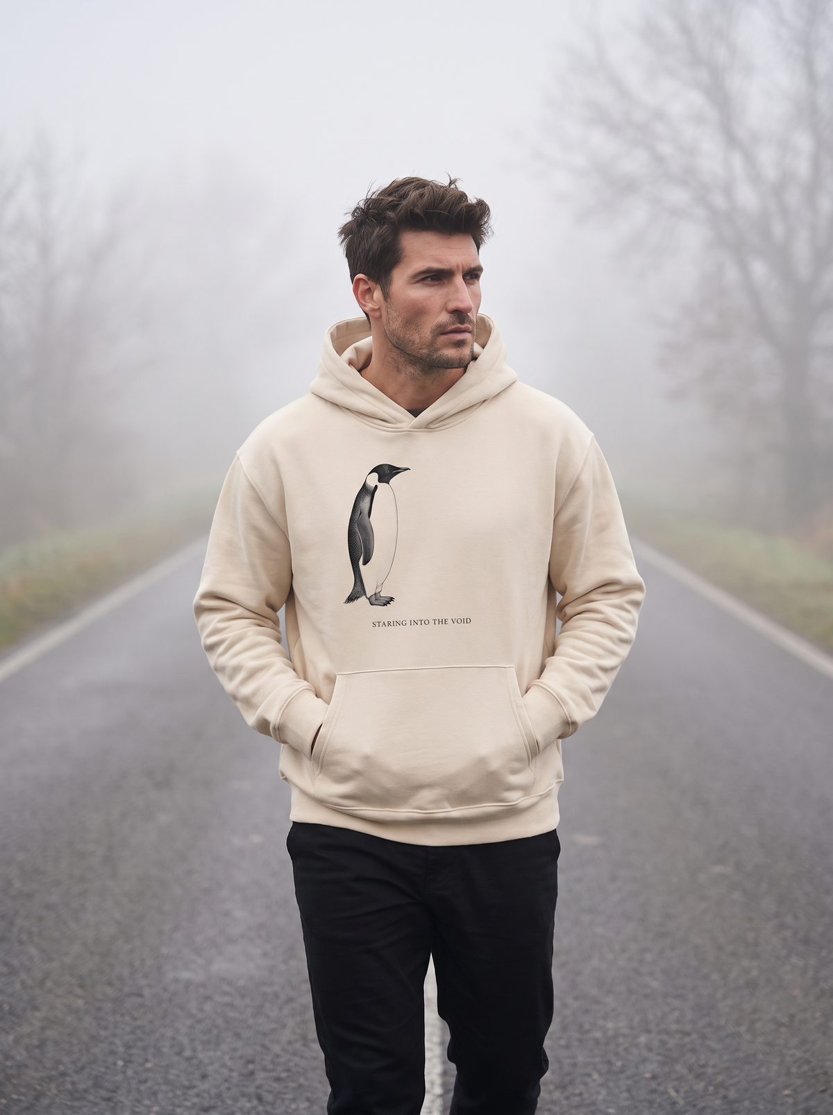 Liora walking along an empty foggy road with his hands in the pocket, wearing the oversized heavyweight hoodie in dust with a vintage engraving of a penguin and the line staring into the void. Model: Liora (AI brand character). AI-generated model image; the printed design is the actual product artwork.