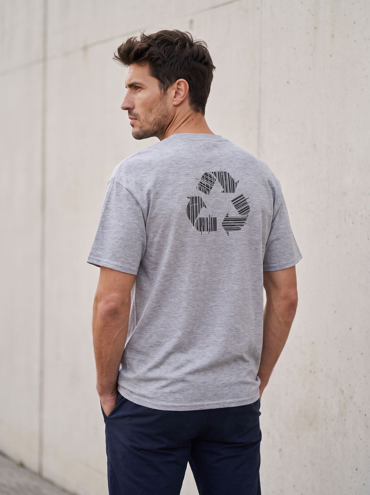 Liora seen from behind in front of a concrete wall, looking to the side, wearing the unisex t-shirt in sport grey with a recycling symbol made of barcodes printed on the back. Model: Liora (AI brand character). AI-generated model image; the printed design is the actual product artwork.