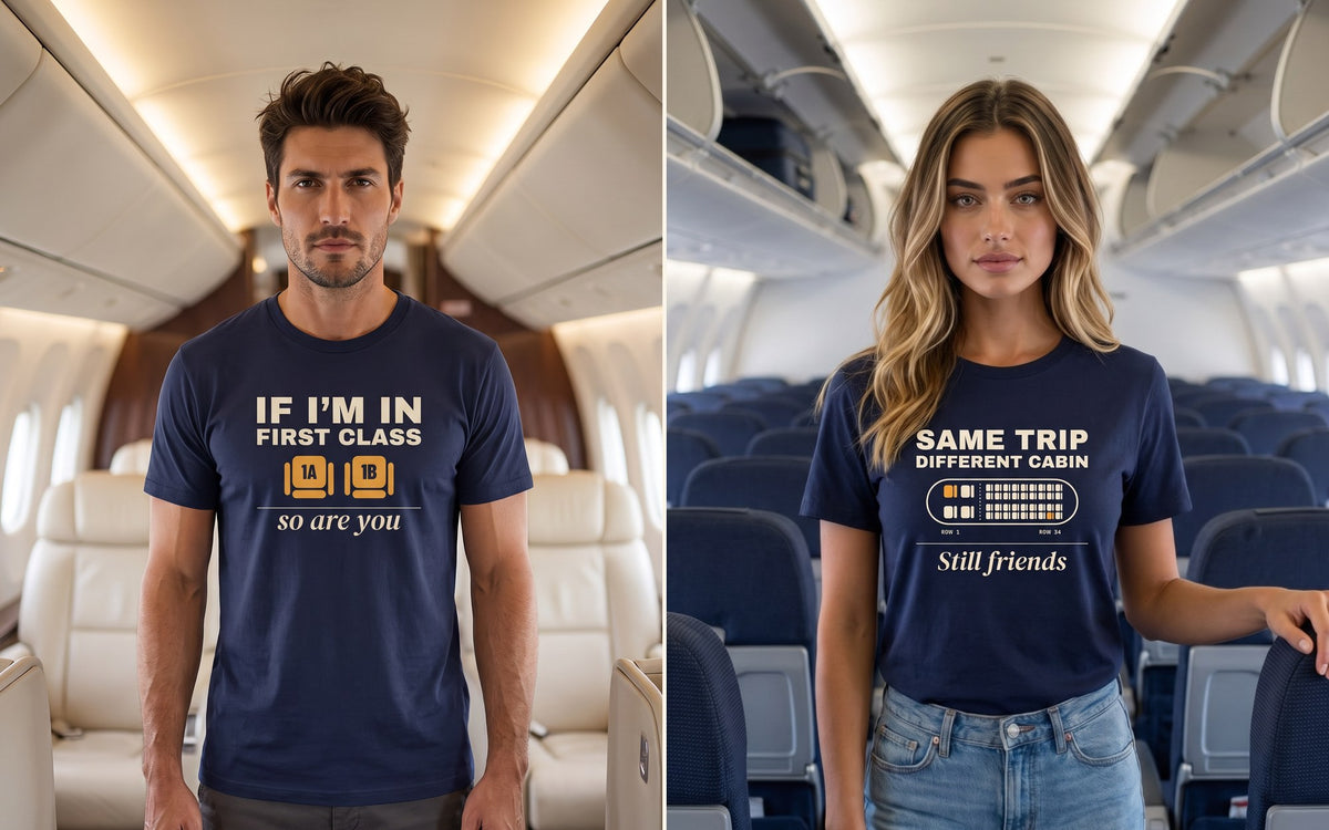 Liora in a first-class cabin wearing the navy If I'm in First Class tee, beside Seloura in an economy cabin wearing the navy Same Trip tee. Models are AI-generated.