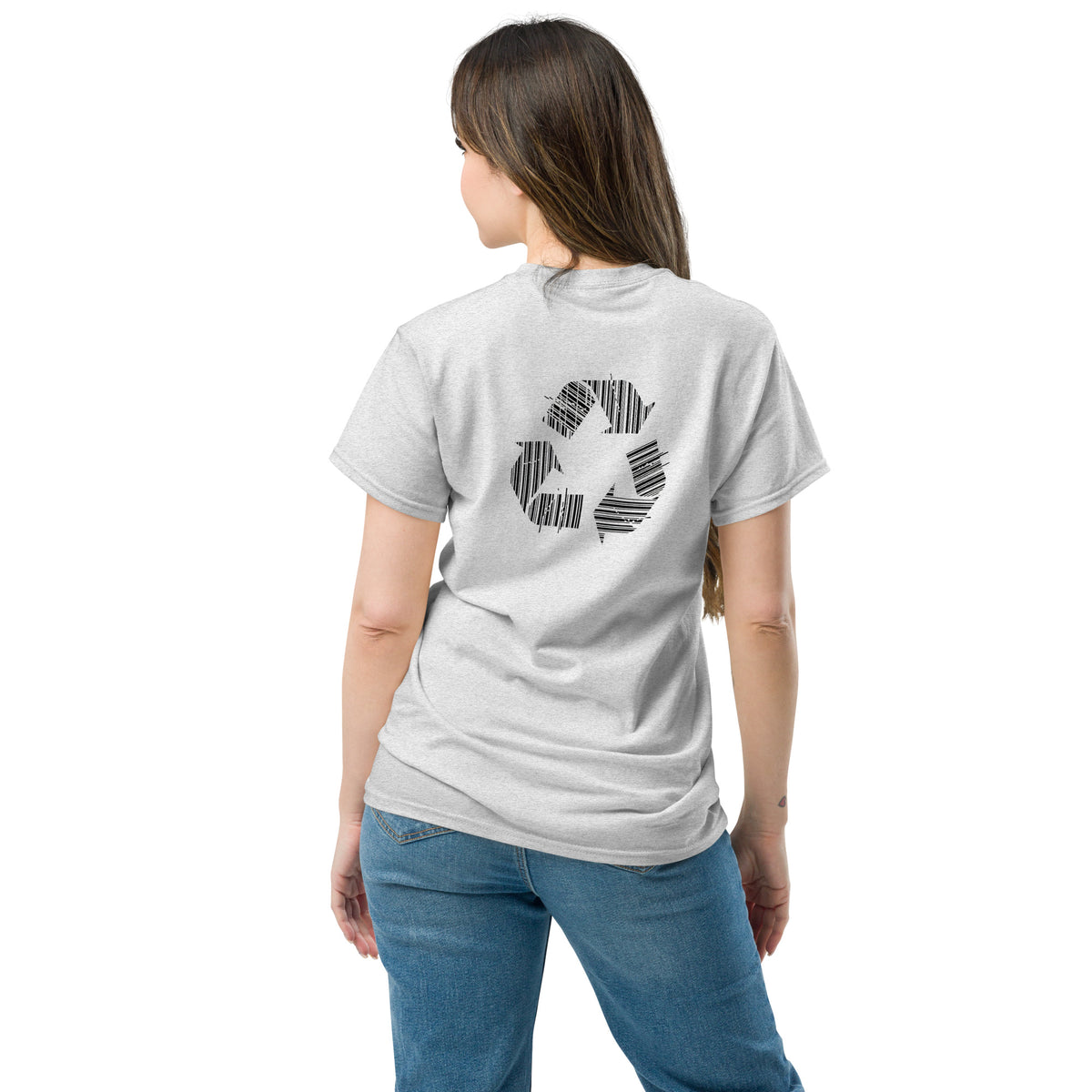 Unisex t-shirt with a recycling symbol made of barcodes, ash colorway