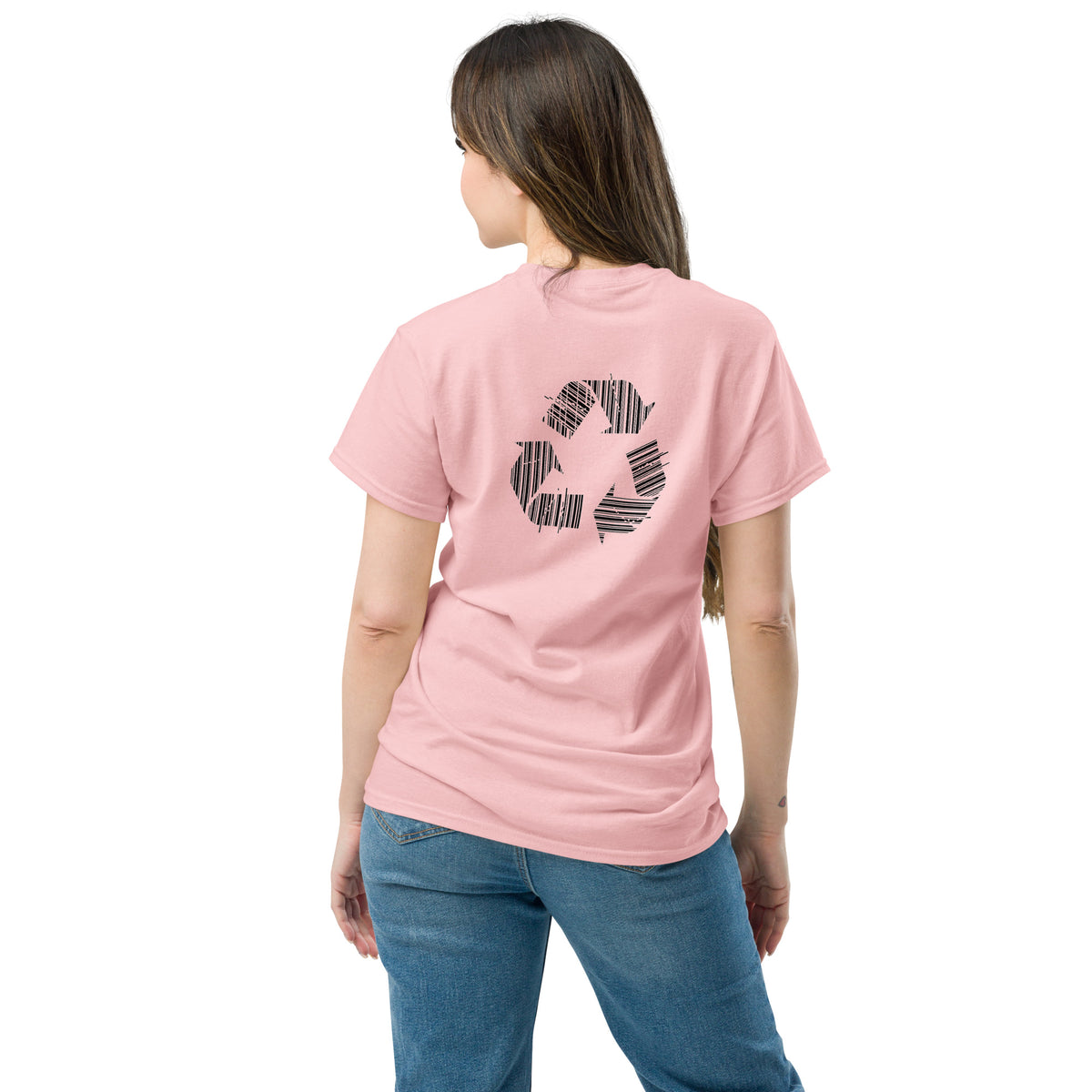 Unisex t-shirt with a recycling symbol made of barcodes, light pink colorway
