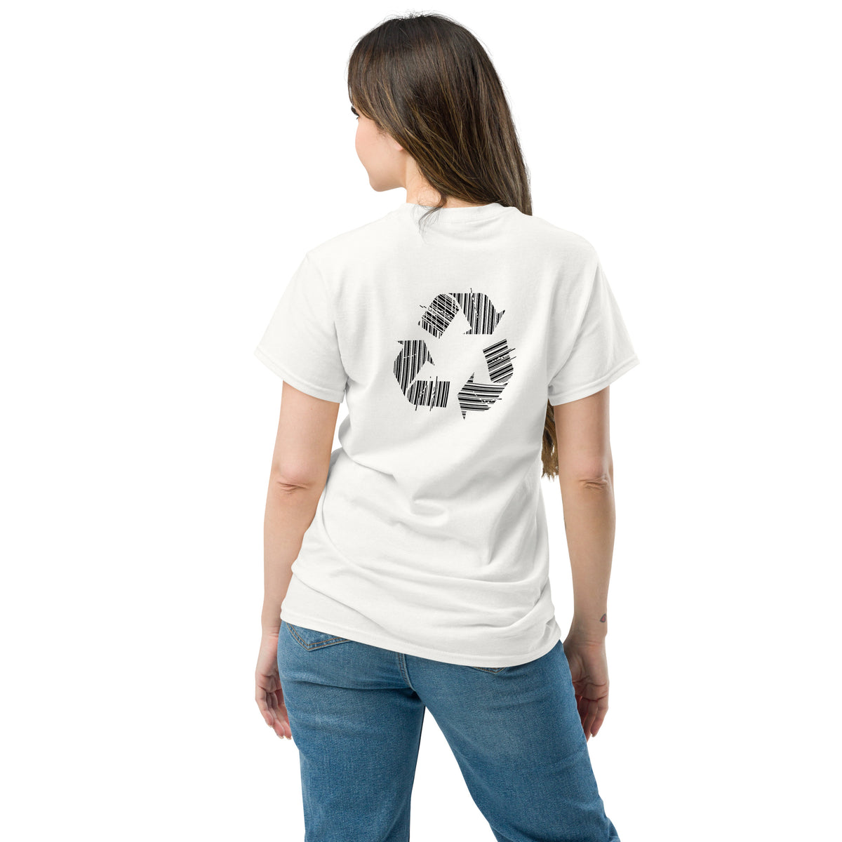 Unisex t-shirt with a recycling symbol made of barcodes, white colorway