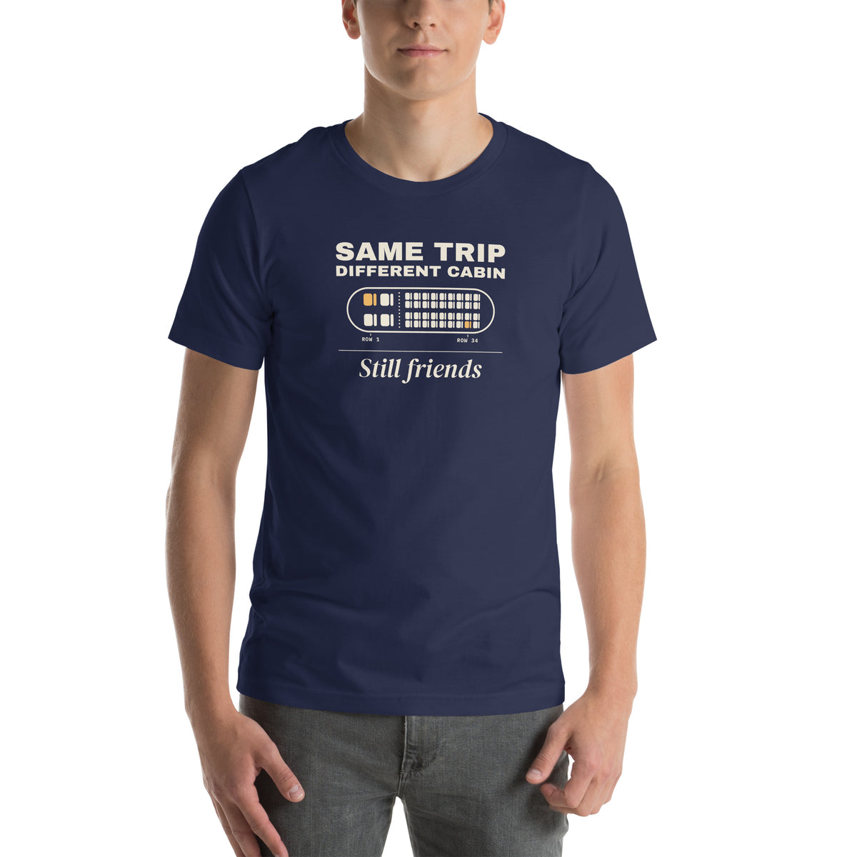 Unisex t-shirt in navy with a seat map with one amber seat in row 1 and one in row 34 and cream type reading same trip, different cabin, still friends